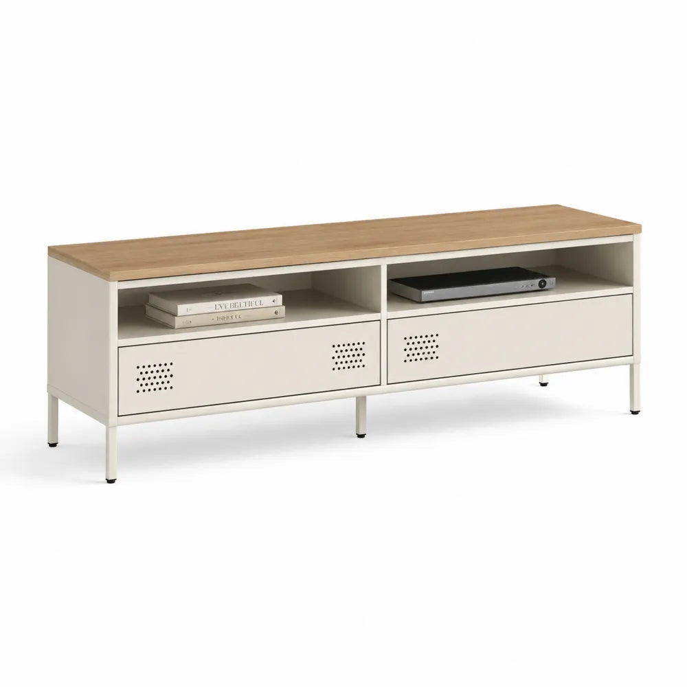 TV Lowboard 180x40x45 cm MDF Eiche Weiß mit Metallfüßen und 2 Klapptüren