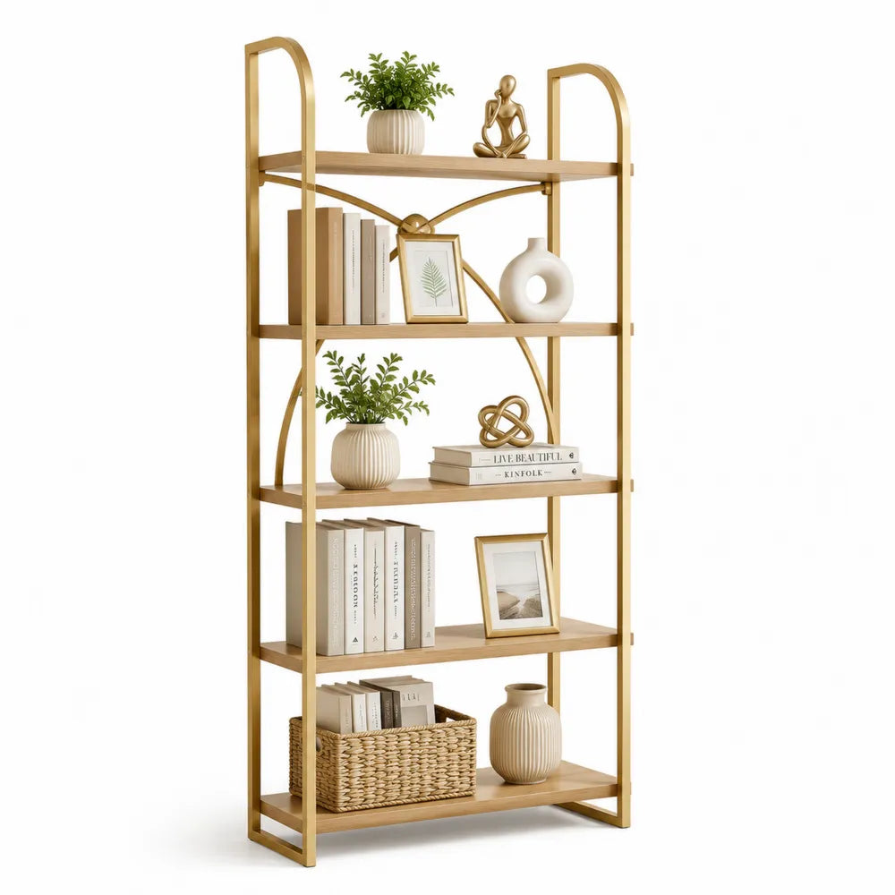 Bodenregal 90 x 35 x 180 cm MDF Eiche Natur Gold Metallrahmen mit 5 Ablageflächen