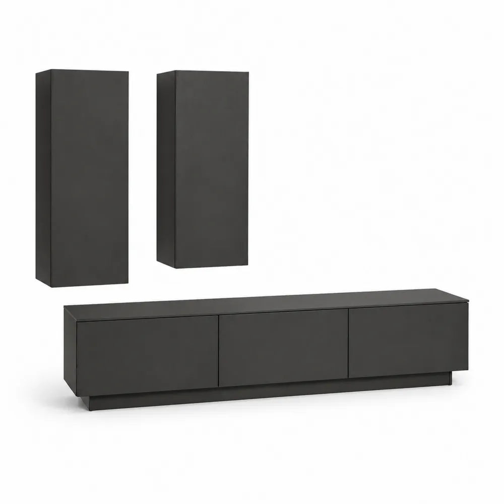 TV Wand Lowboard Set 240 x 40 x 150 cm MDF mit Hängeschränken Schwarz