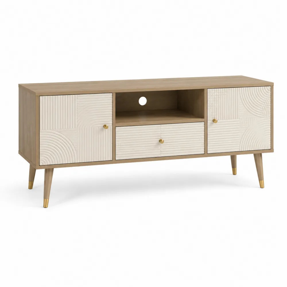 TV Lowboard 180x40x60 cm MDF Eiche Weiß mit Türen Schublade und Metallfüßen
