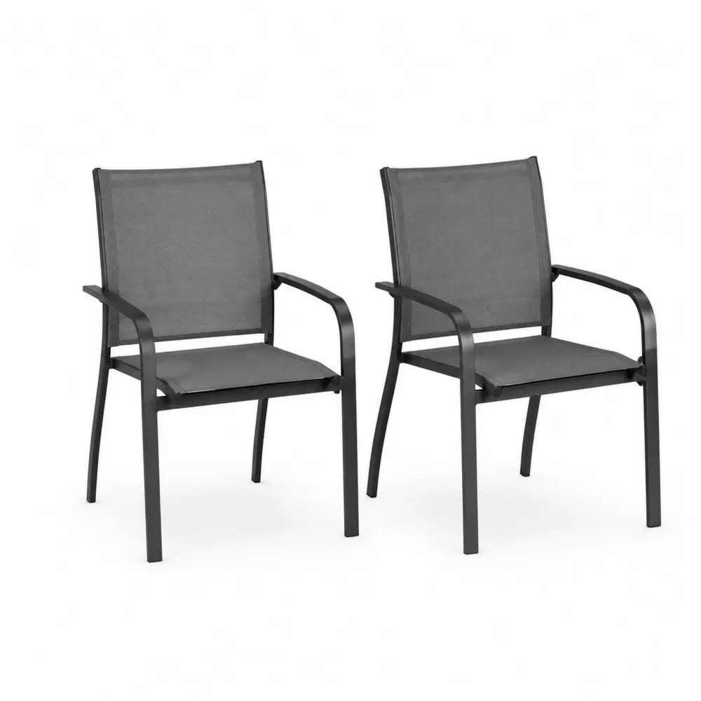 Gartenstuhl 2er Set 56 x 65 x 88 cm Aluminium Schwarz mit Textilene Sitzfläche und Armlehnen