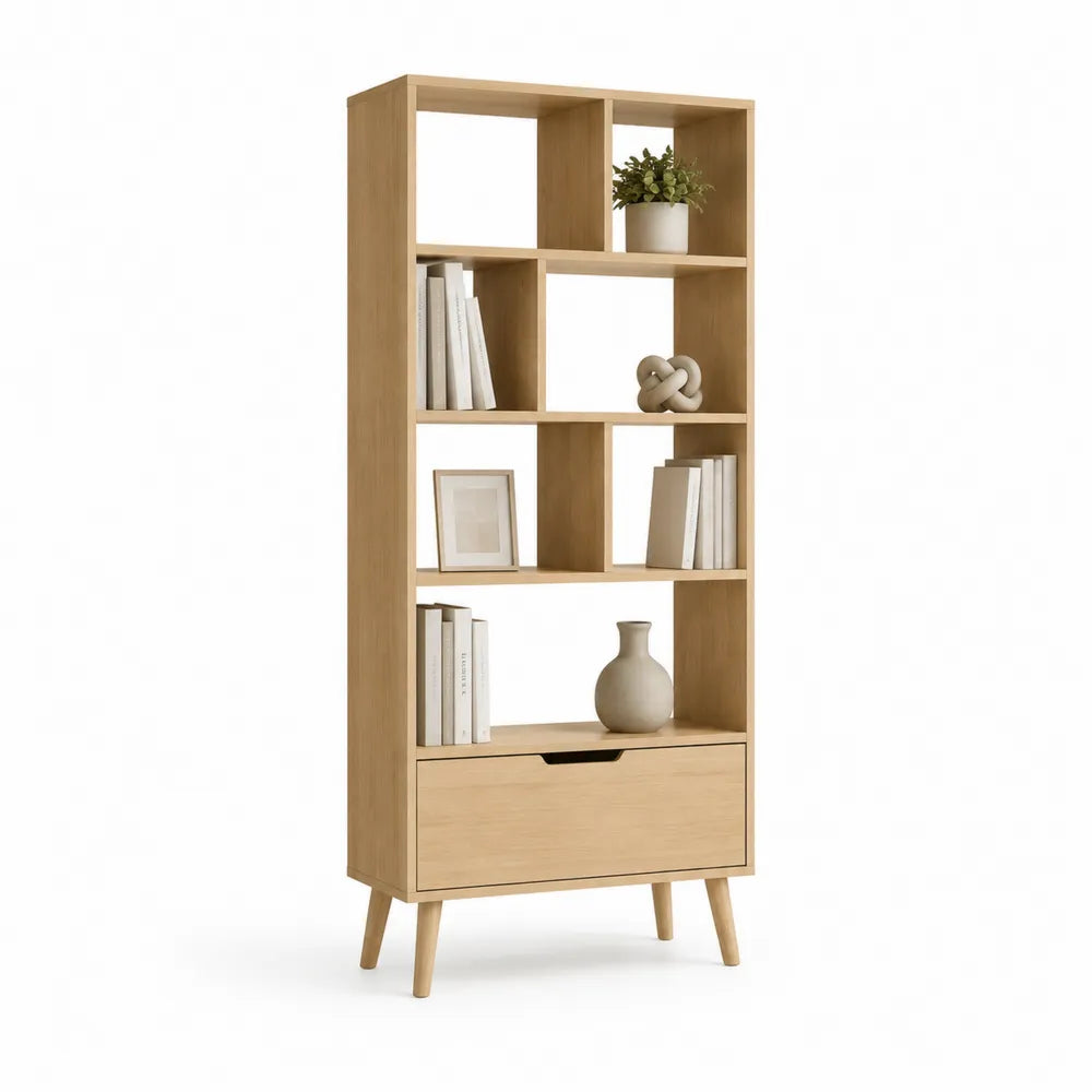 Bücherregal Standregal mit Schublade MDF Natur Holzdekor 80x35x180 cm