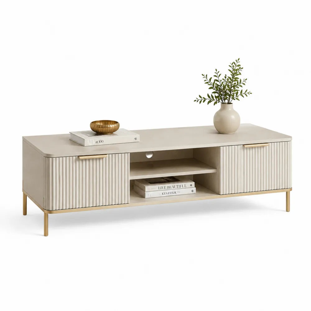 TV Lowboard 180 x 40 x 55 cm MDF mit Türen offenem Fach geriffelte Front Beige Gold
