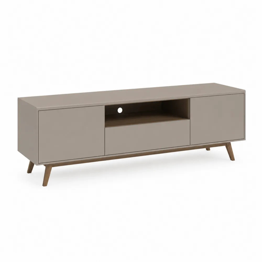 TV Lowboard 180 x 40 x 50 cm MDF Beige mit Schublade Türen offenem Fach und Holzbeinen