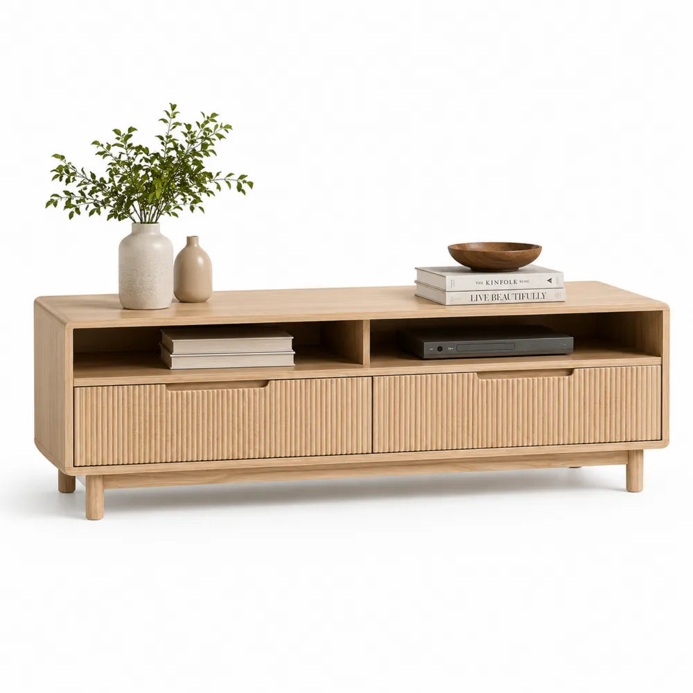 TV Lowboard 180 x 40 x 50 cm MDF Naturholzoptik mit Türen offenen Fächern und Holzbeinen