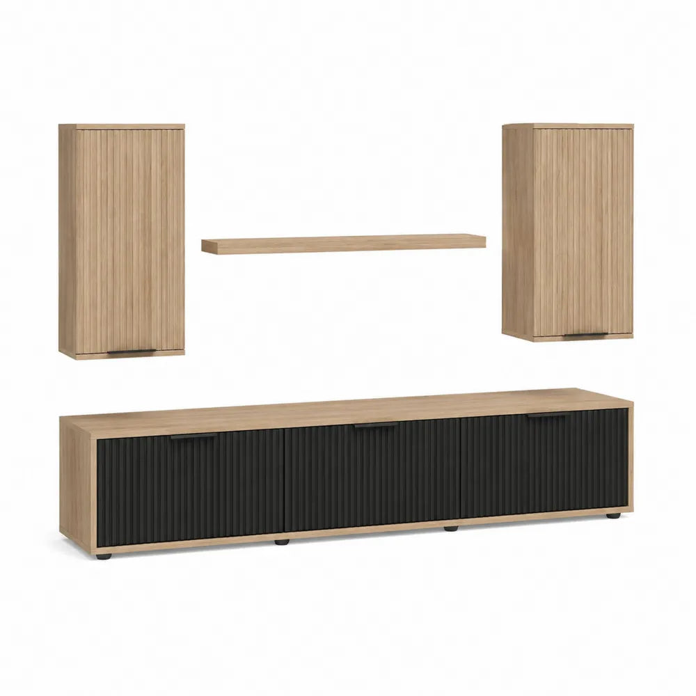 TV Wandmöbel Set 240 x 40 x 150 cm MDF mit Lowboard Hängeschränken Wandregal Schwarz Natur